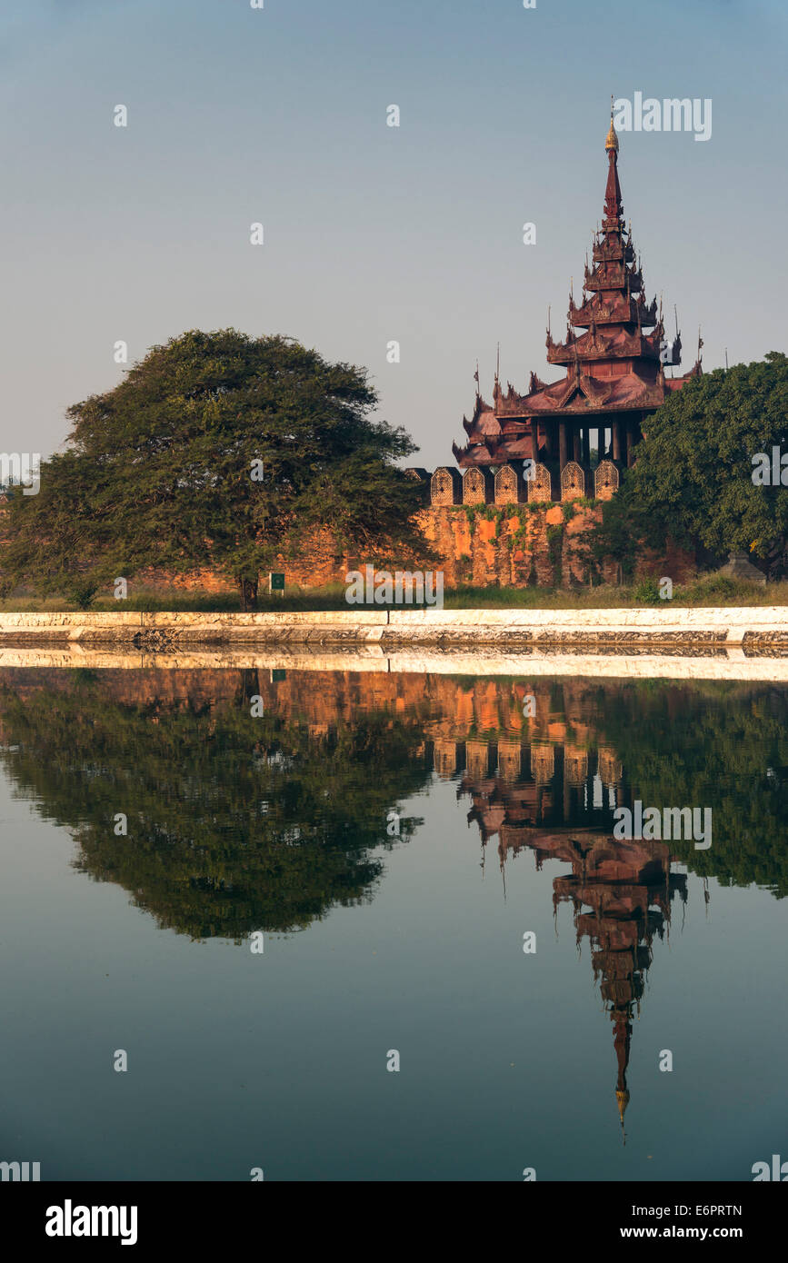 Bastion at Mandalay Palace with reflections, Mandalay, Mandalay Region, Myanmar Stock Photo