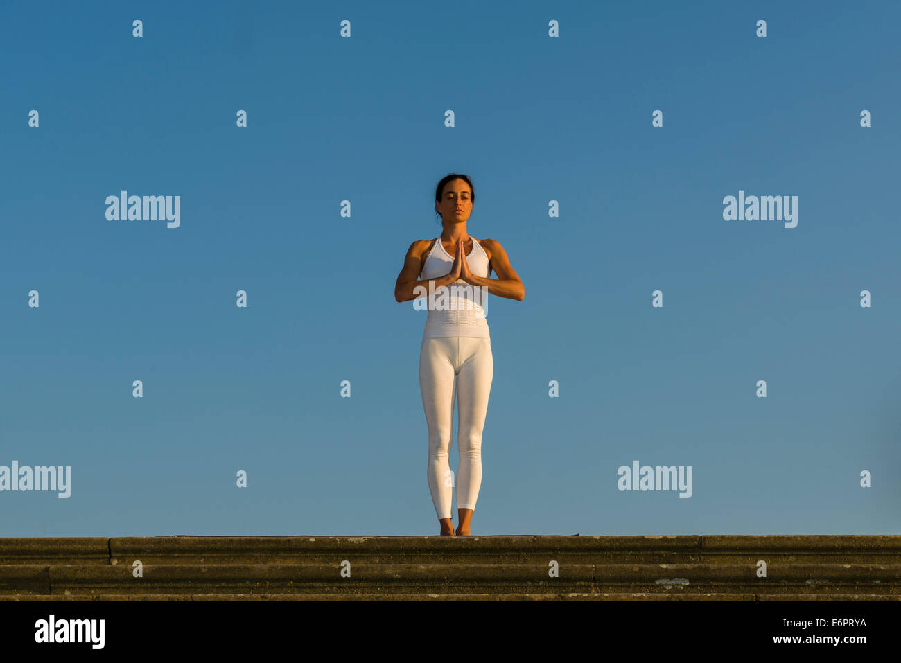 Young woman practising Hatha yoga, outdoors, showing the pose Tadasana, Pranamasana, Prayer pose Stock Photo