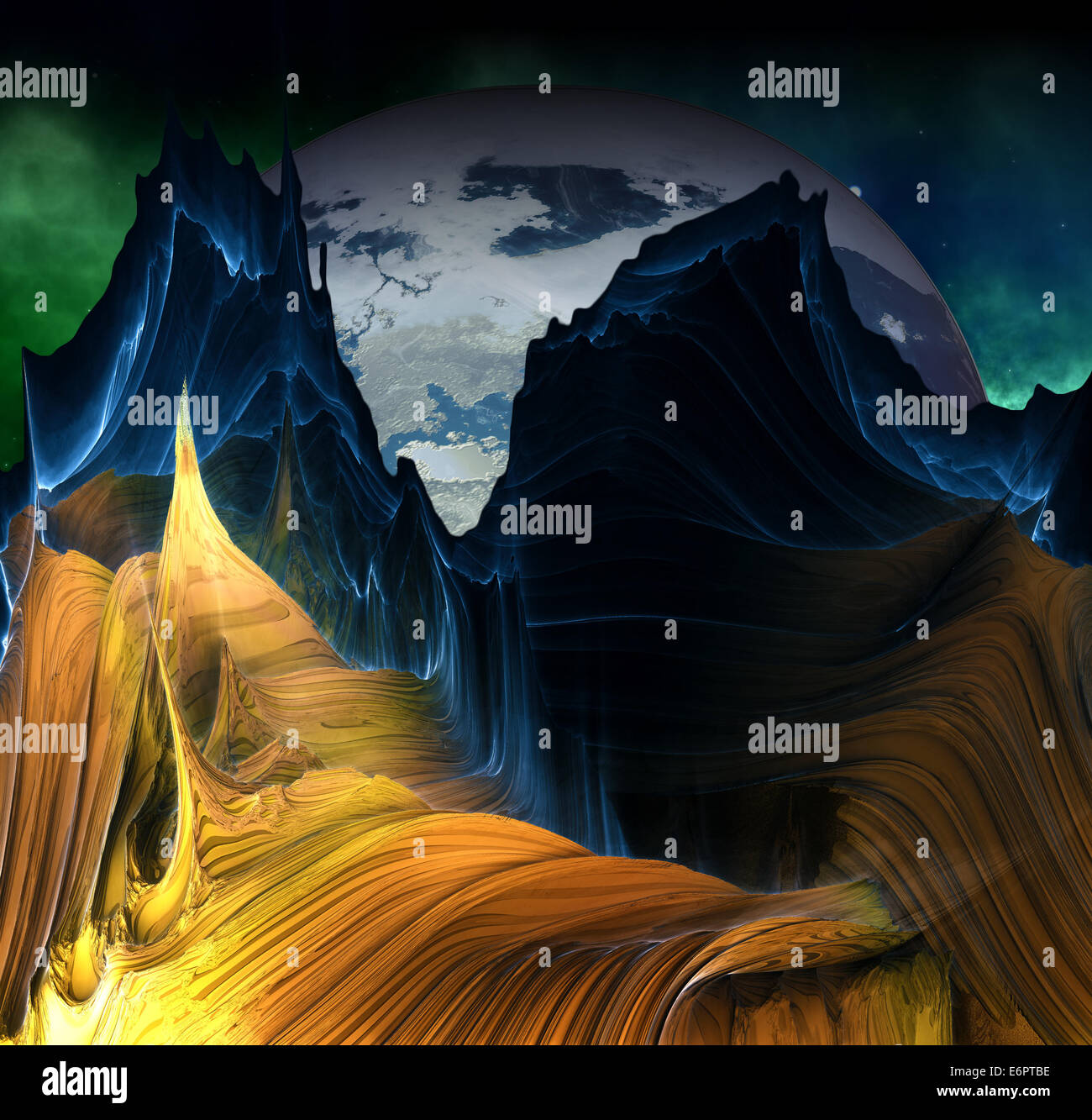 Alien mountains with space background and a big planet Stock Photo - Alamy