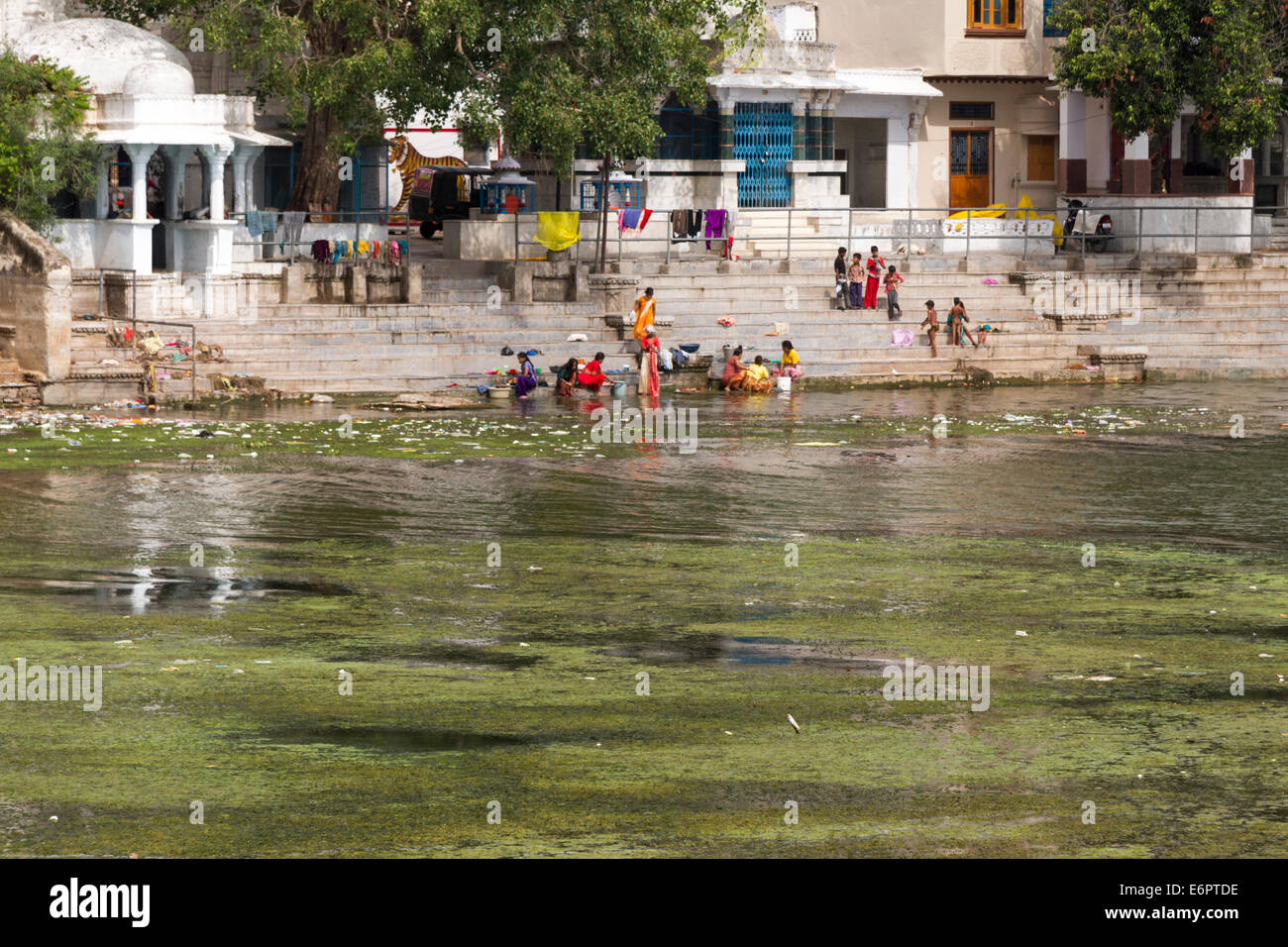 Indian women bathing and washing clothes on the banks of Lake Pichola in Udaipur, Rajastan, India Stock Photo