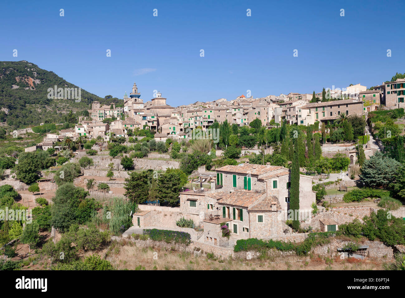 Townscape with Valldemossa Charterhouse and parish church of Sant Bartomeu, Valldemossa, Majorca, Balearic Islands, Spain Stock Photo
