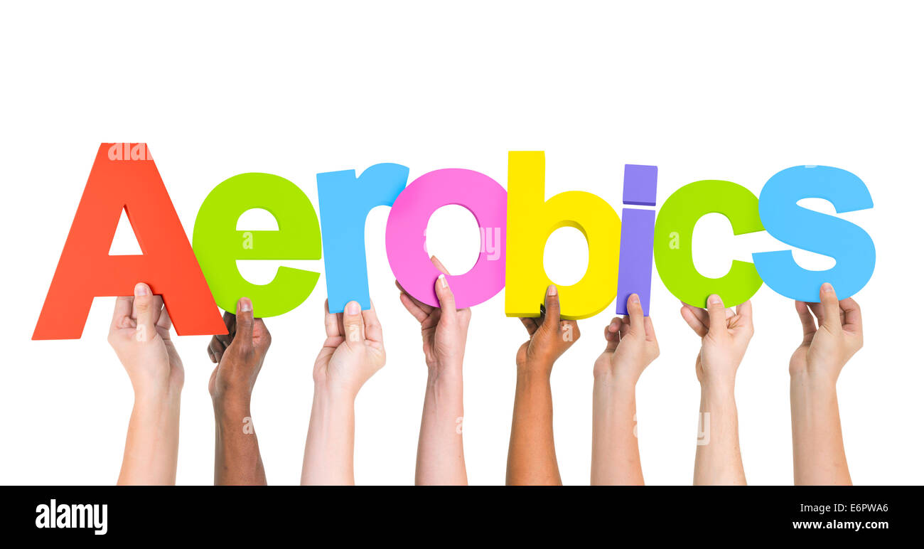 Diverse Hands Holding the Word Aerobics Stock Photo
