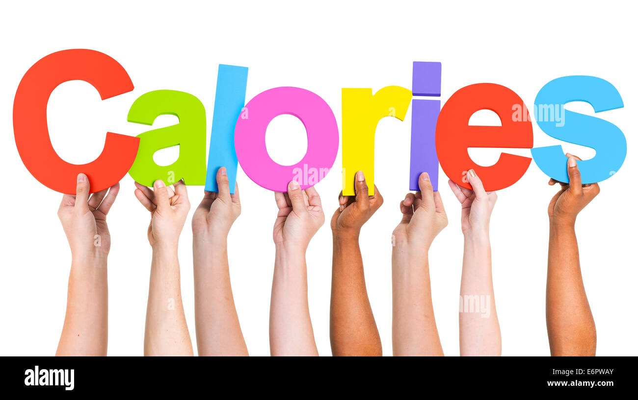 Diverse Hands Holding The Word Calories Stock Photo