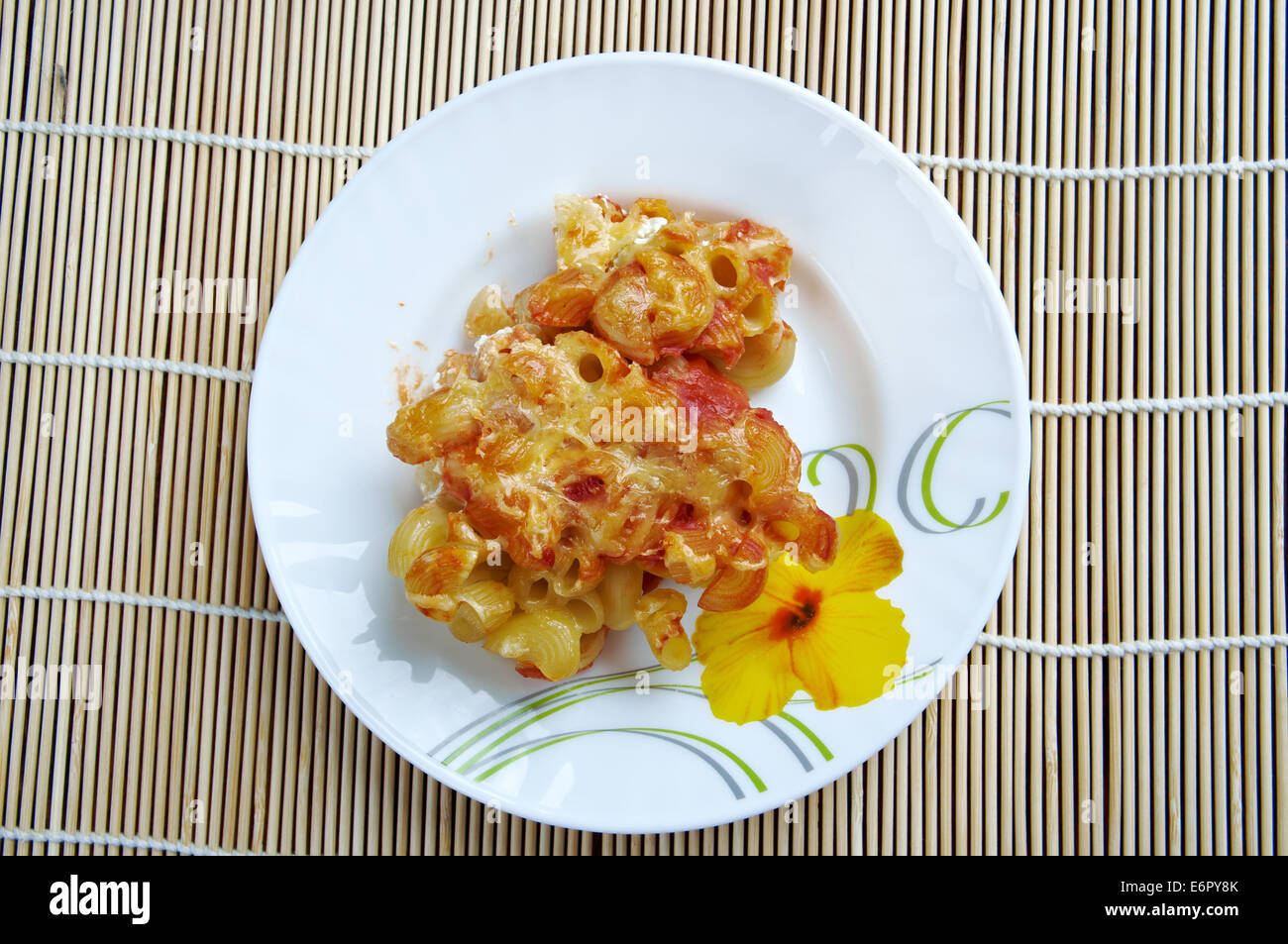 pasta Elbow macaroni bake with pancetta, tomato sauce and mozzarella