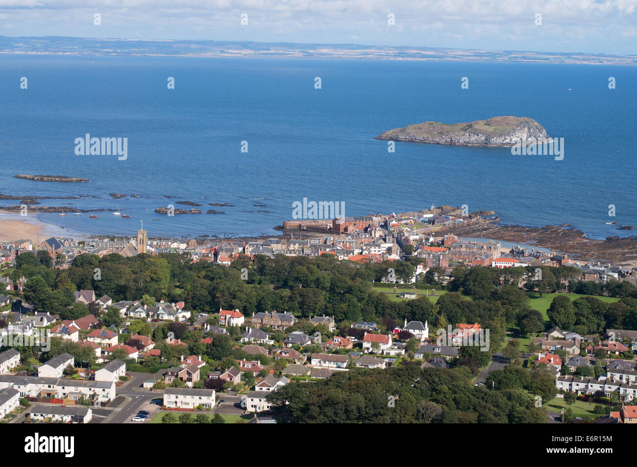 View of North Berwick and Craigleith island from Berwick Law, East Lothian, Scotland, Europe Stock Photo