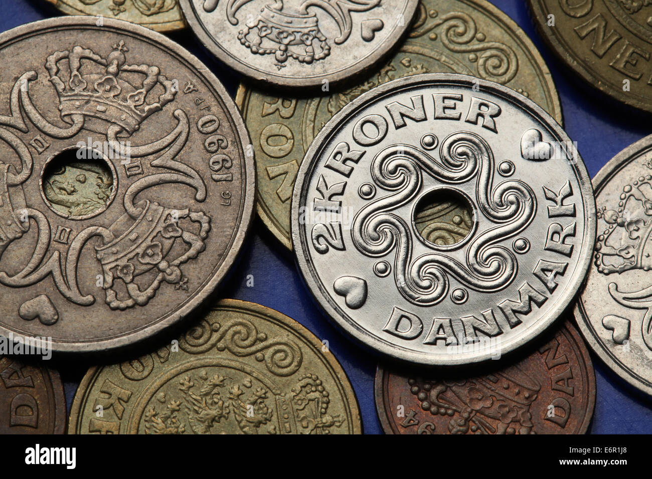 Coins of Denmark. Danish krone coins. Stock Photo