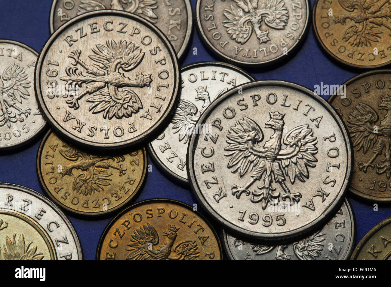 Coins of Poland. Polish national coat of arms the White Eagle depicted in Polish zloty coins. Stock Photo