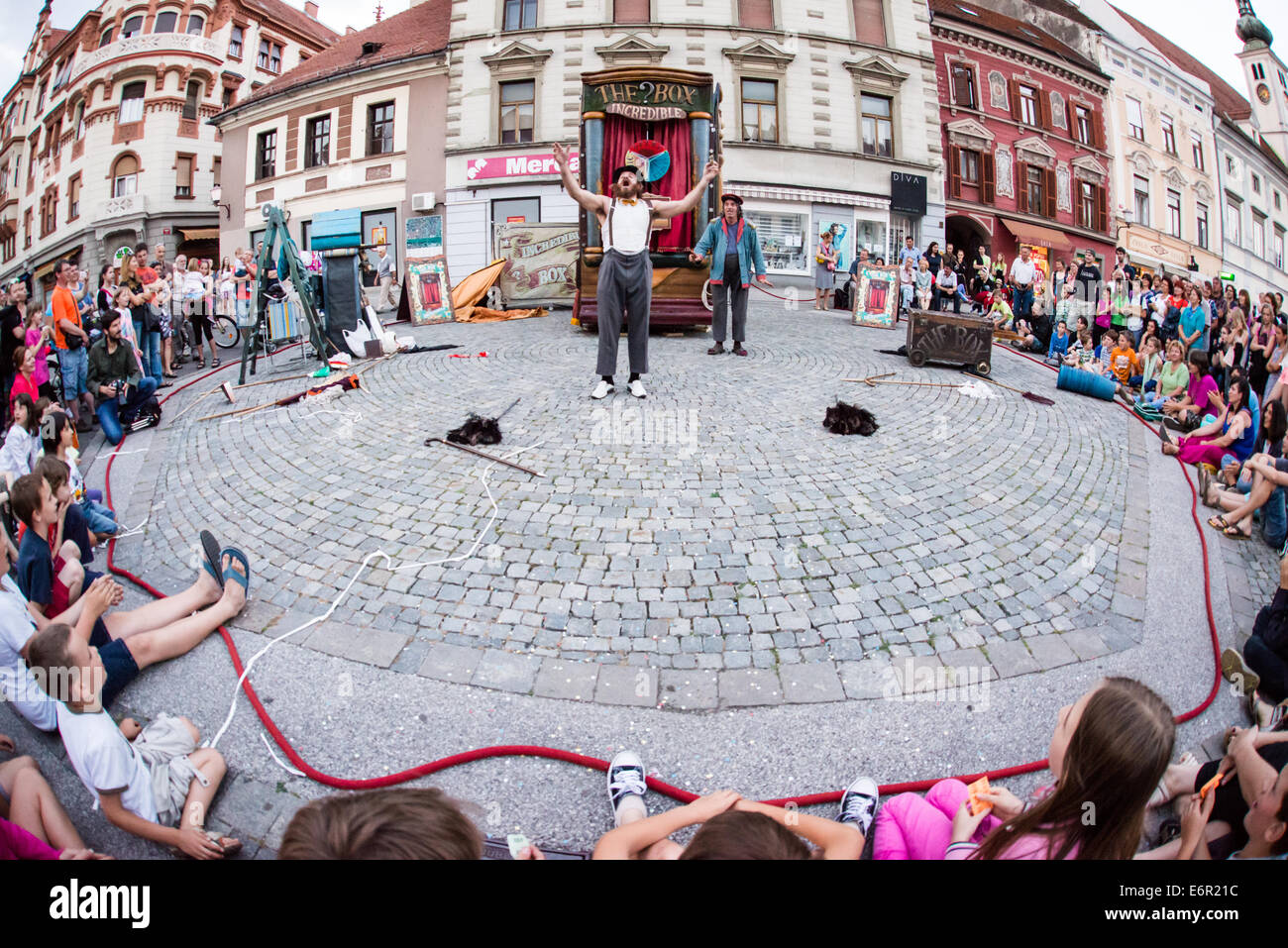 The Incredible Box, street theatre performance by Cia La Tal at Festival  Lent, Maribor, Slovenia, June 28, 2014 Stock Photo - Alamy