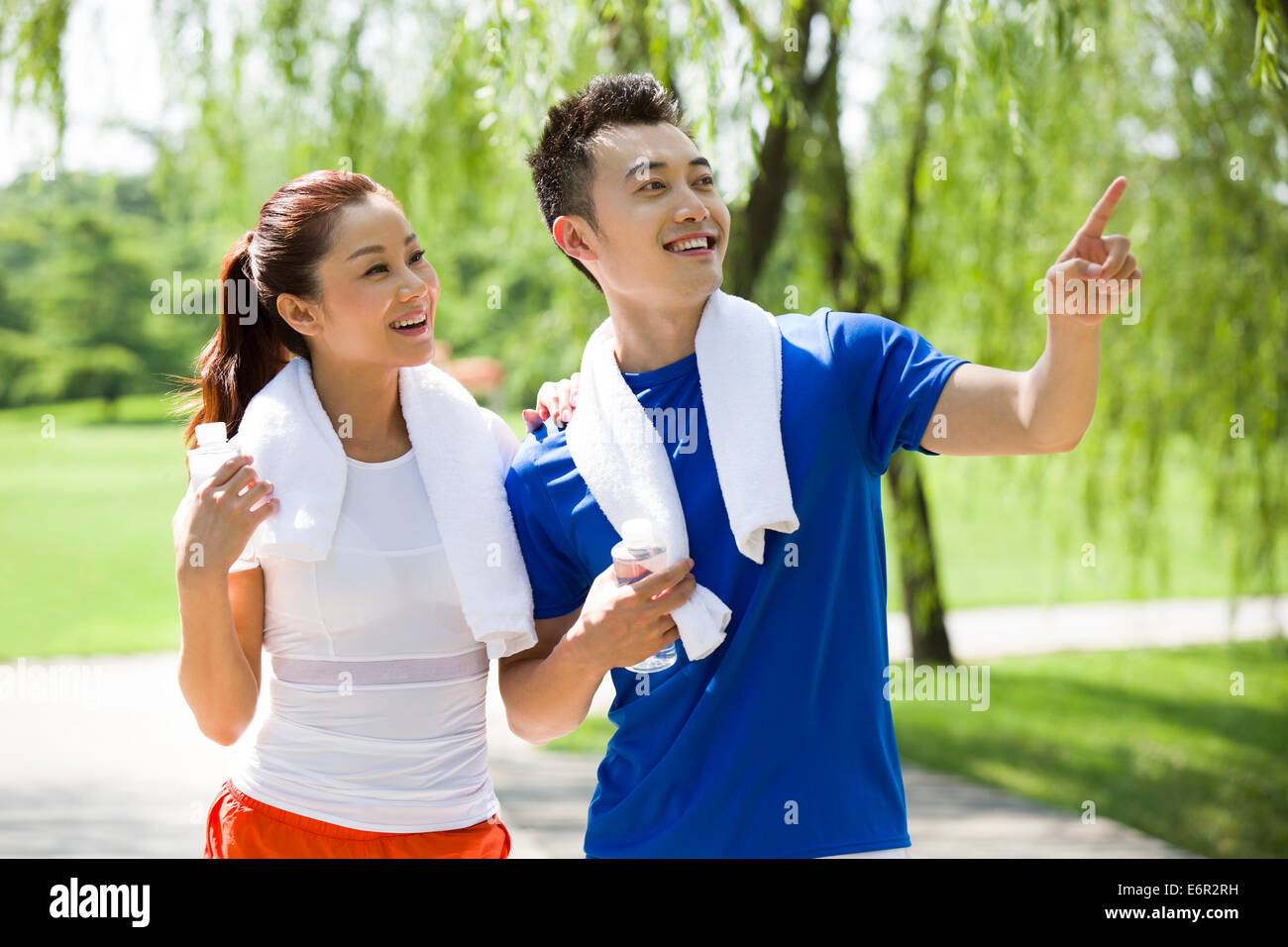 Exercising routine healthy lifestyle looking away hi-res stock ...