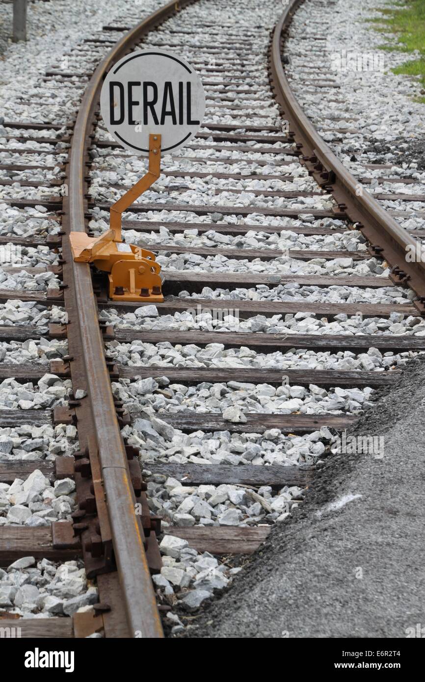 Railroad warning sign reading derail. Stock Photo