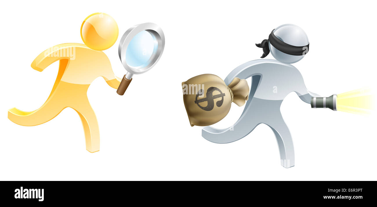 An illustration of a person with a magnifying glass running after a criminal escaping with a money bag and torch Stock Photo
