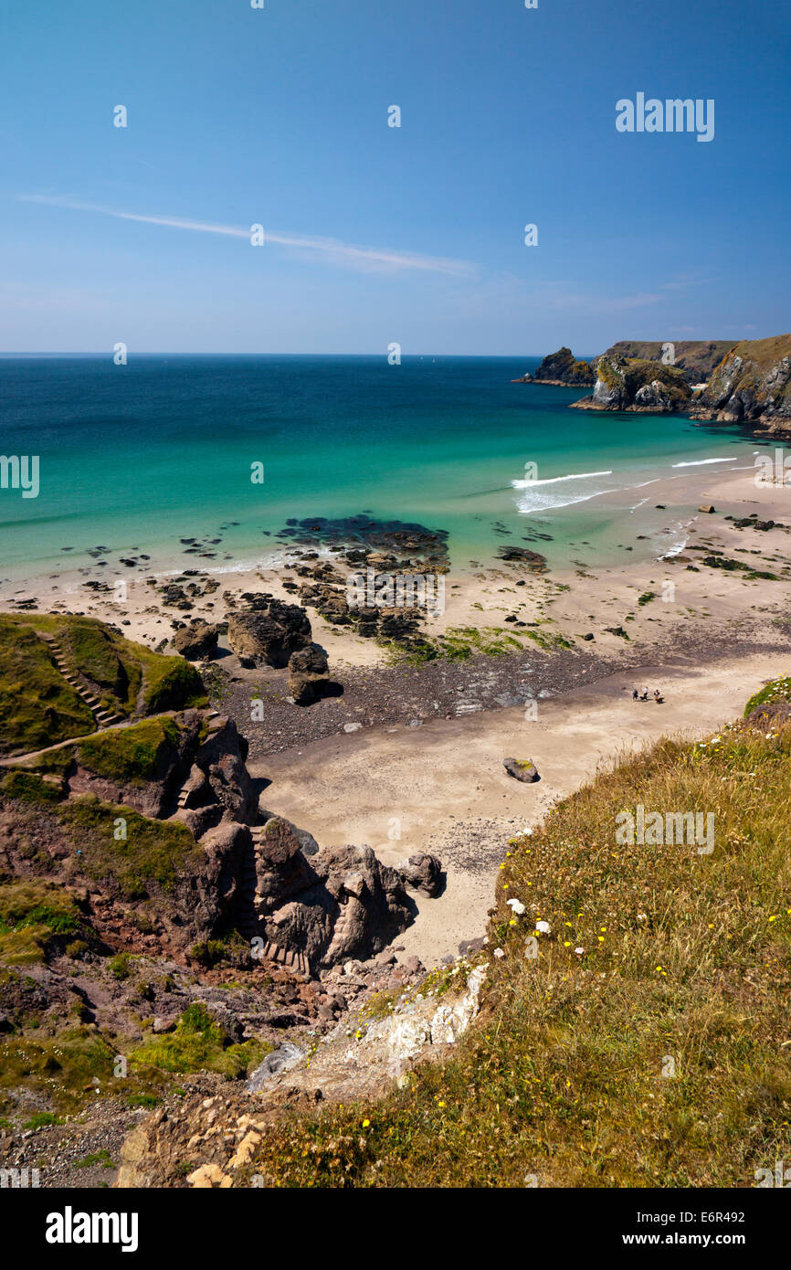 Pentreath beach on the Lizard Peninsula in Cornwall England UK has difficult access down several flights of steep steps Stock Photo