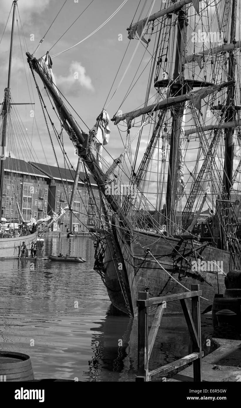 Old tall ship moored at the quay alongside the National Waterways Museum Gloucester Docks, Gloucester, England, UK. Stock Photo