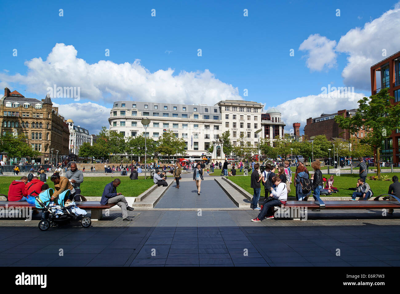 Around Piccadilly Gardens Manchester, on a sunny summers day, North west England, UK Stock Photo