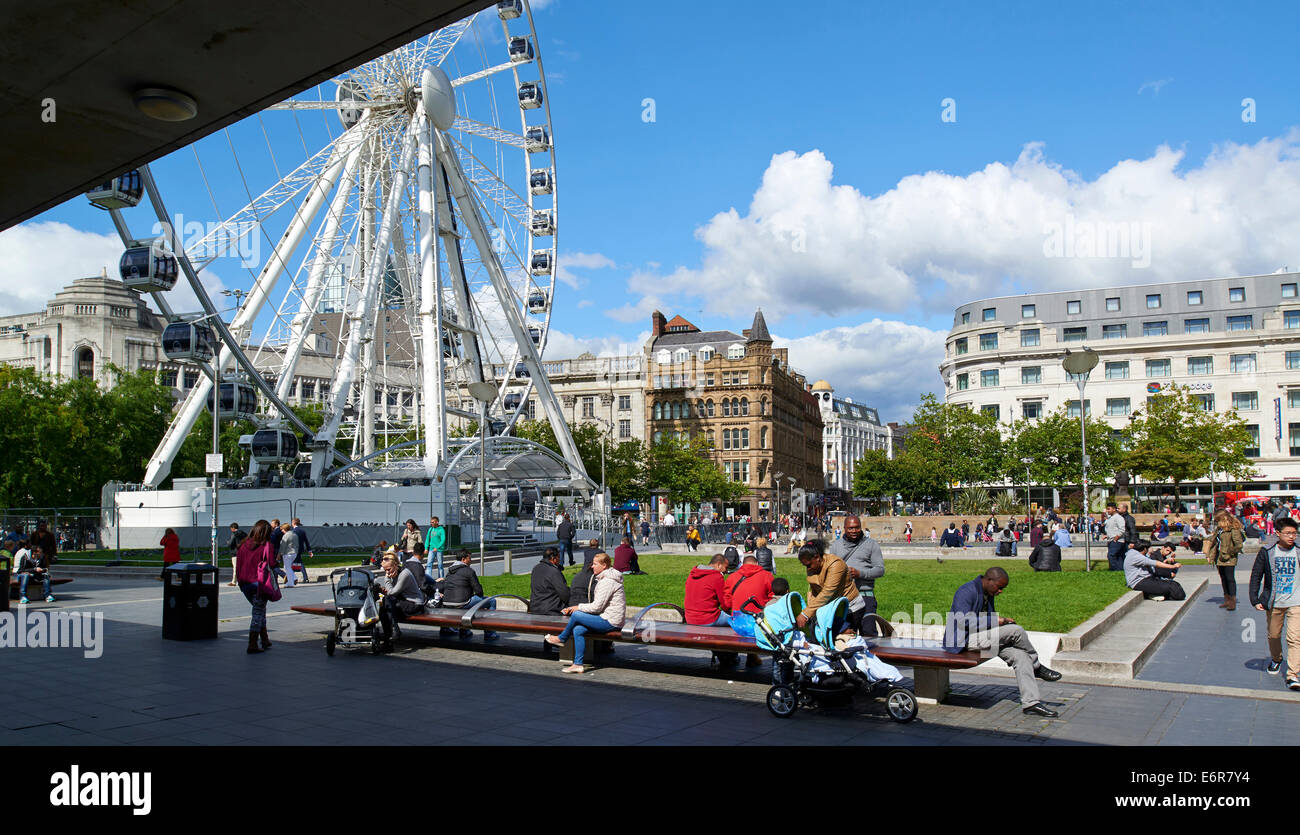 Around Piccadilly Gardens Manchester, on a sunny summers day, North west England, UK Stock Photo