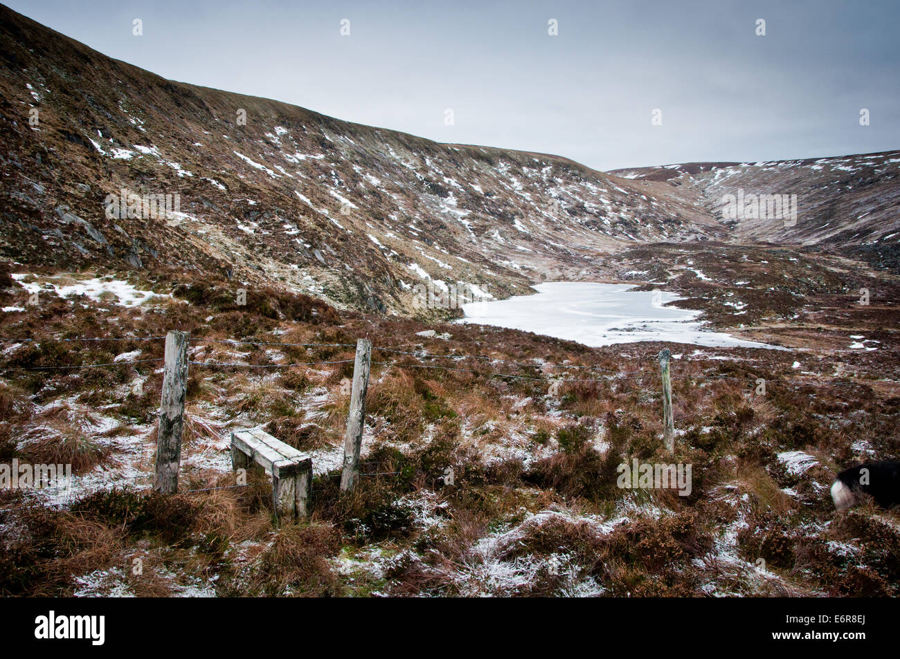 Kelly's Lough frozen in frosty winter in Wicklow mountains of Ireland Stock Photo