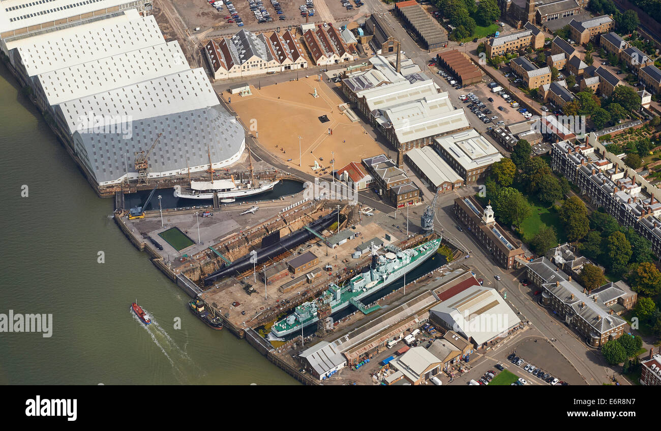 An aerial view of Chatham historic dockyard, Kent, South East England