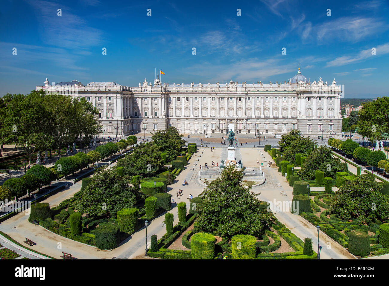 Top view over Plaza de Oriente square with Palacio Real or Royal Palace behind, Madrid, Comunidad de Madrid, Spain Stock Photo