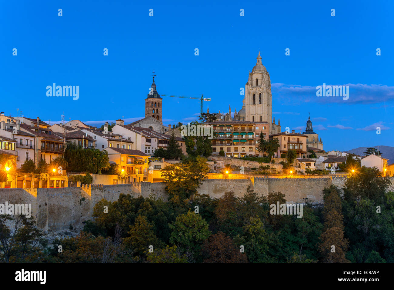 City skyline at dusk, Segovia, Castile and Leon, Spain Stock Photo
