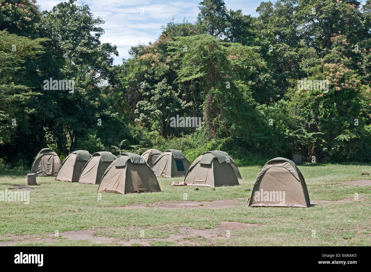 Tents on camp site near Makalia Falls in Lake Nakuru National Park Kenya East Africa  CAMPS SITE TENT TENTS LAKE NAKURU NATIONAL Stock Photo