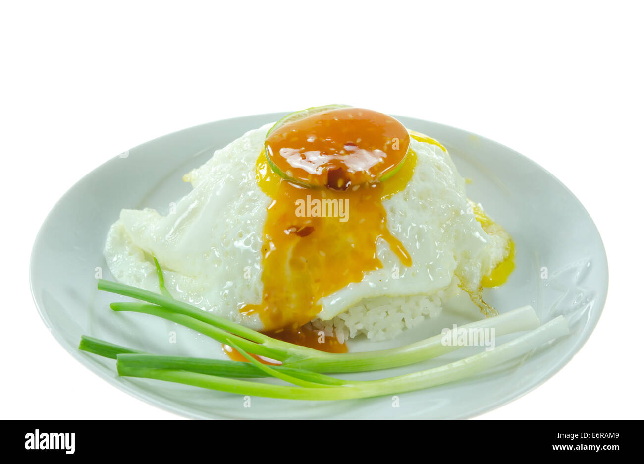 close up steamed rice and fried egg with chili sauce on dish over white ...