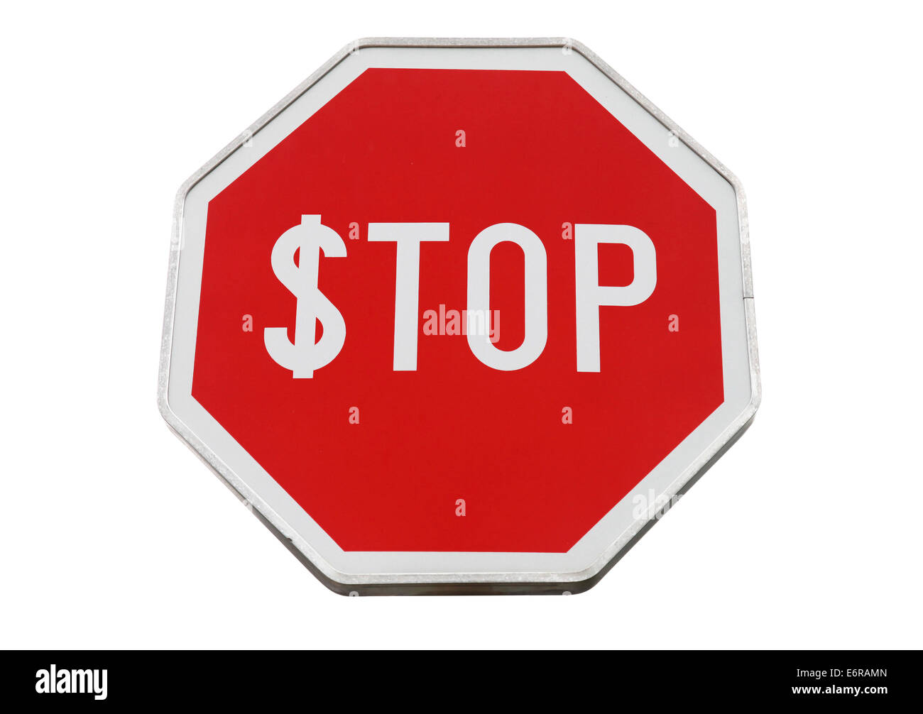 Finance concept with USD and stop label on road sign isolated on white Stock Photo