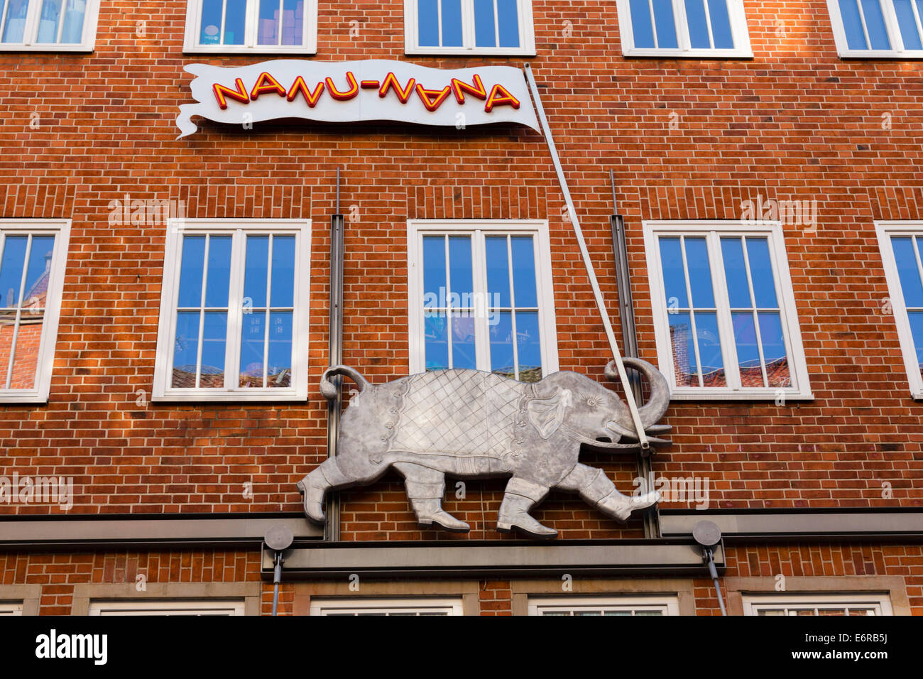 Elephant with flag detail from "Nanu-Nana" childrens shop, Bremen, Germany. Stock Photo