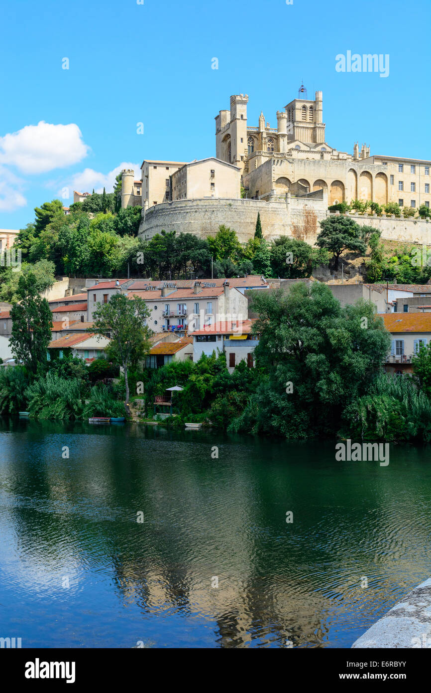 Béziers Cathedral Saint Nazaire view from Pont Vieux herault languedoc France Stock Photo