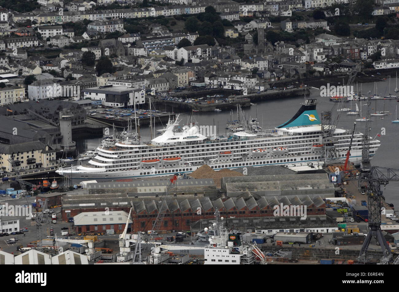 FALMOUTH, ENGLAND. -AERIAL VIEW - THE ENCLOSED HARBOUR SHIP DOCKS WITH THE LINER ARIANIA. PHOTO:JONATHAN EASTLAND/AJAX Stock Photo
