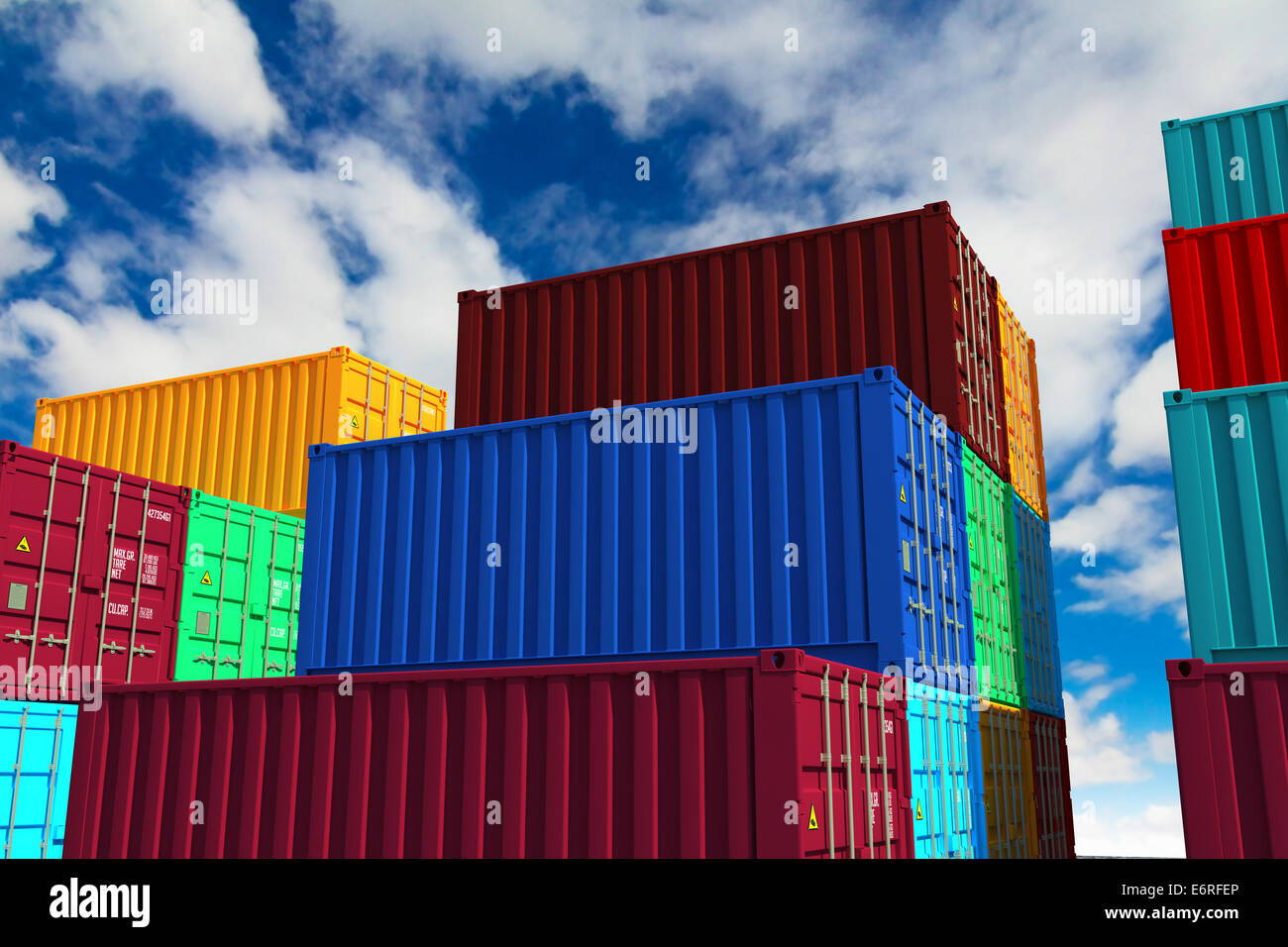 Stacked Cargo Containers on Sky Background. Stock Photo