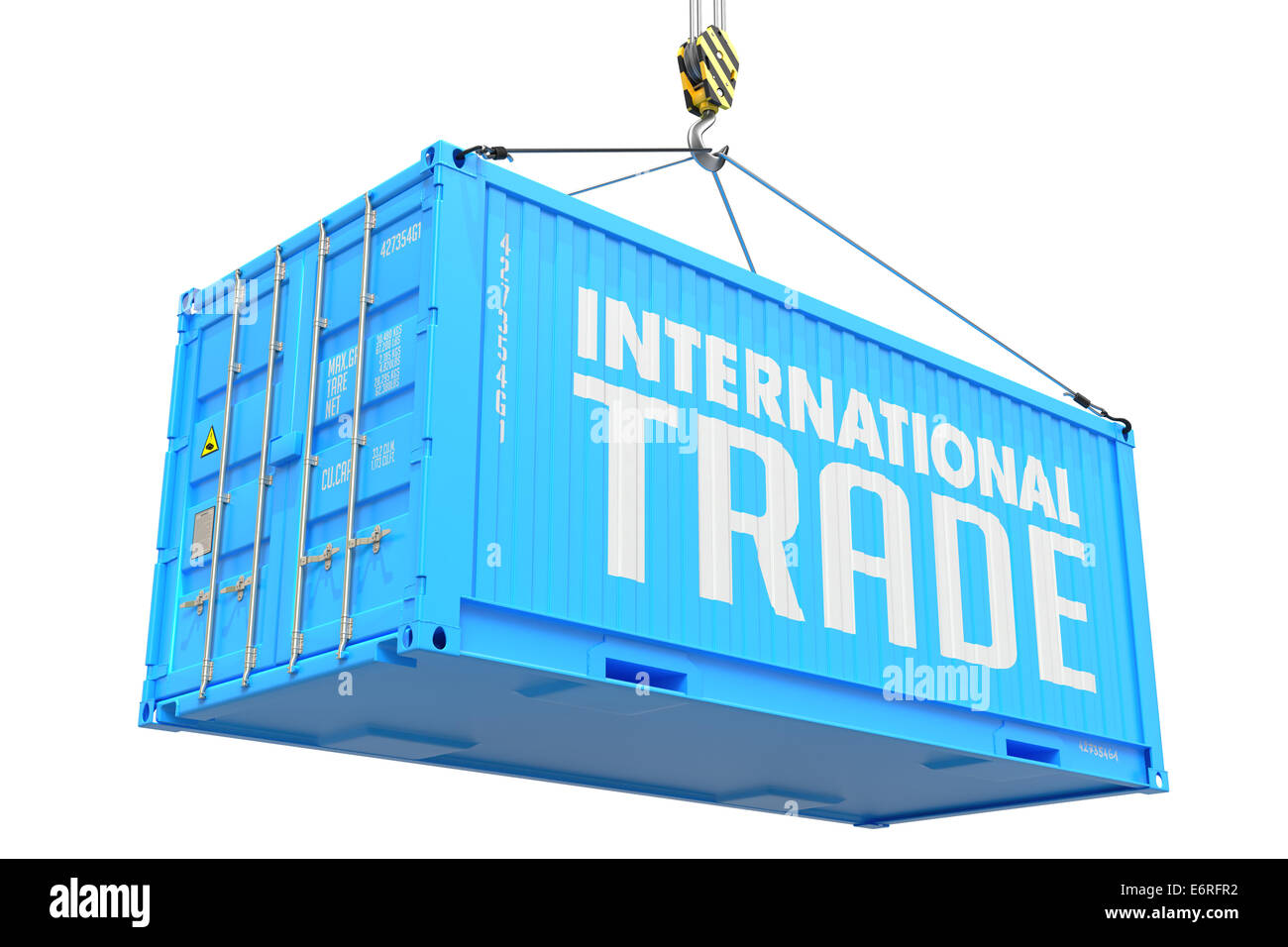 International Trade - Blue Hanging Cargo Container. Stock Photo