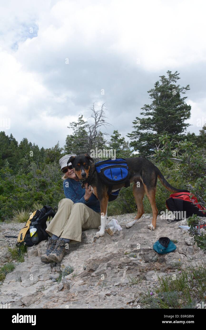 Woman and dog take break top of Sandia Mountains - USA Stock Photo