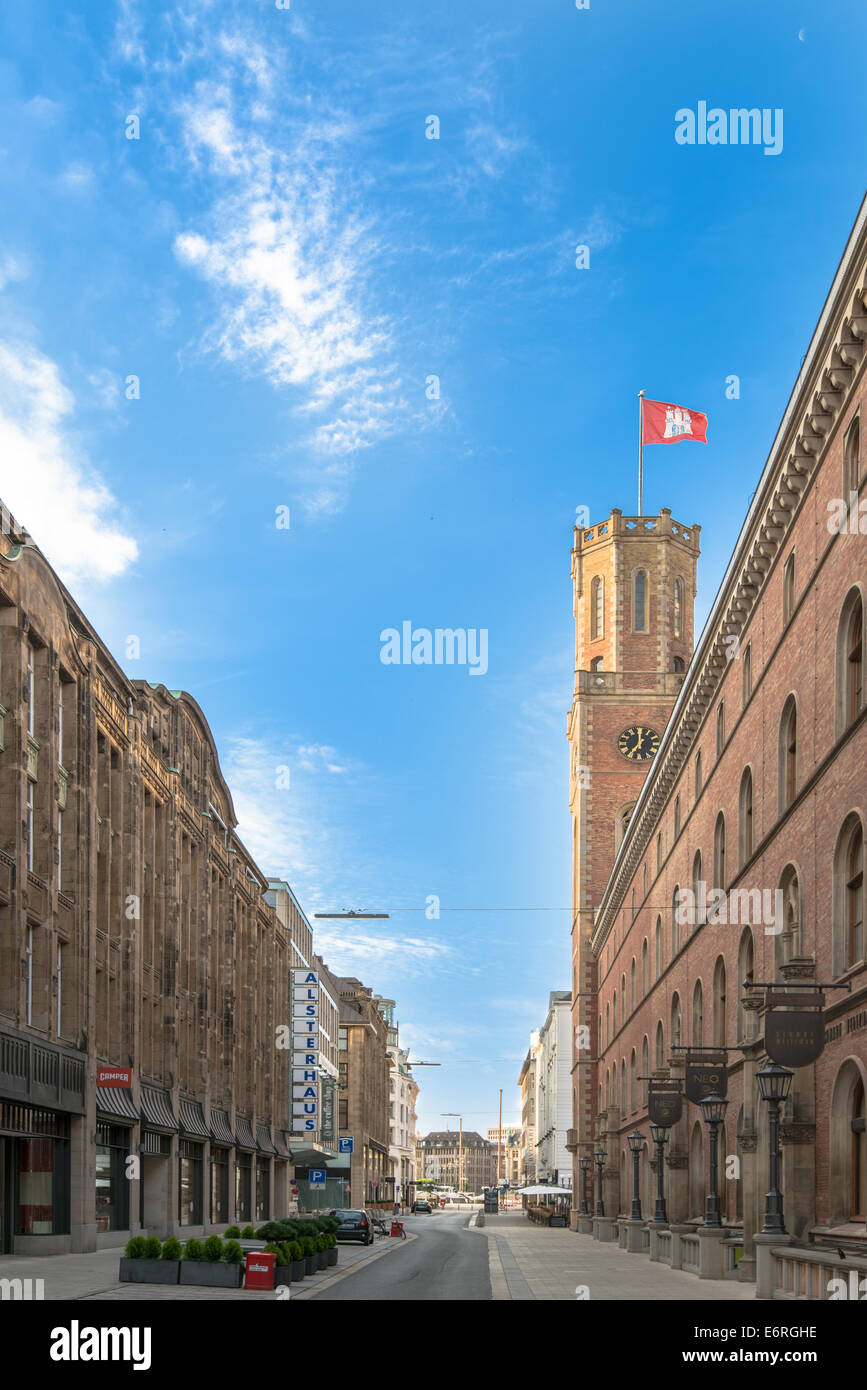 HAMBURG, GERMANY - JULY 20, 2014: Early Sunday morning in the quiet Poststrasse downtown on July 20, 2014 in Hamburg, Germany. S Stock Photo