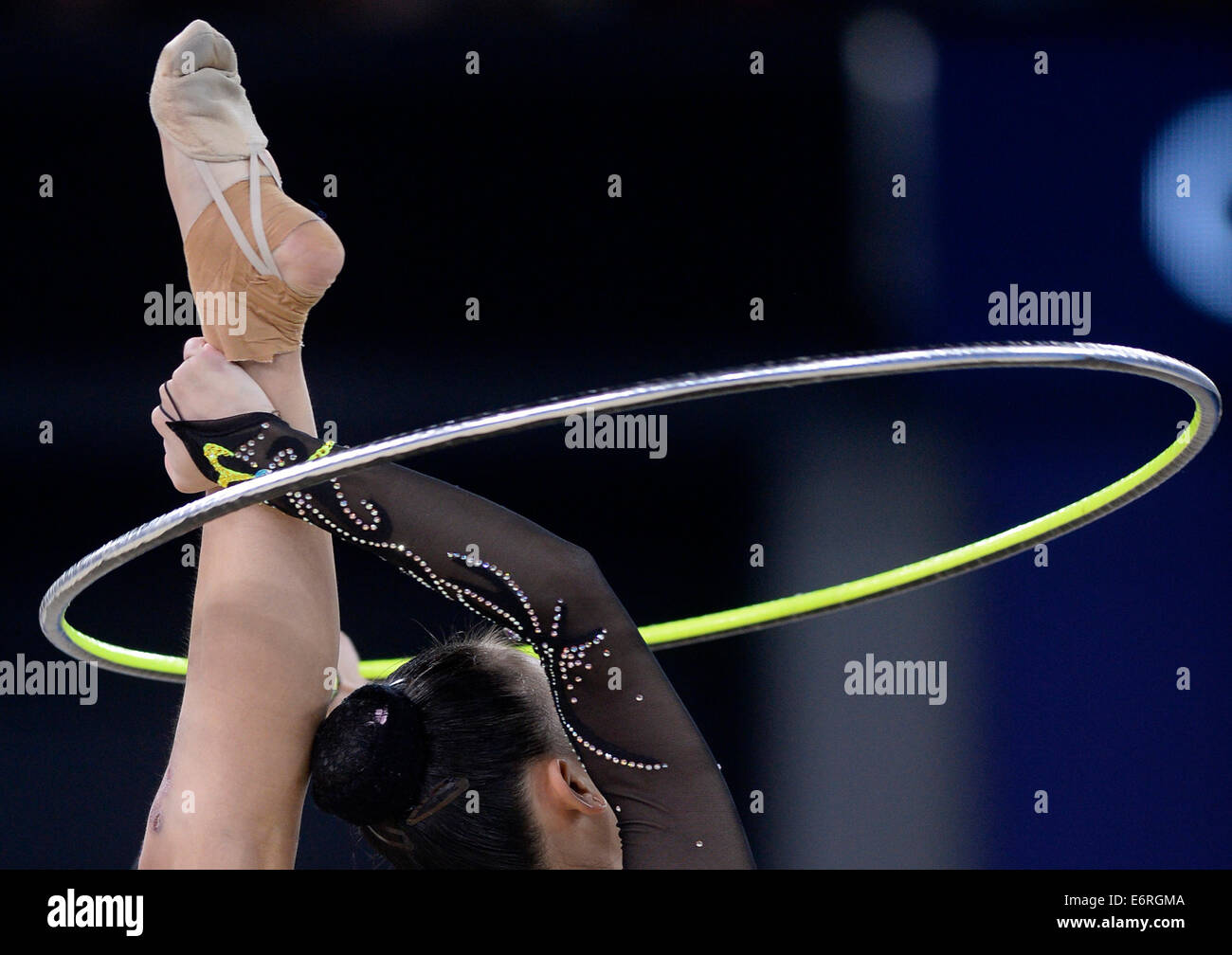 Close up of a Rhythmic Gymnasts foot with the hoop. Stock Photo