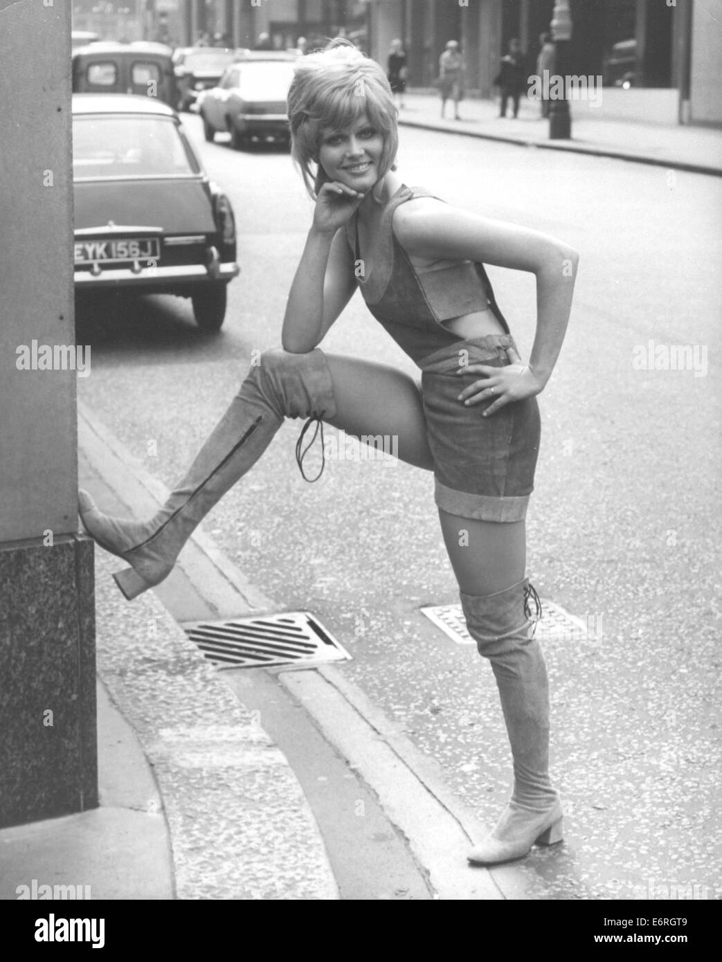 Apr 16, 1971 - London, England, United Kingdom - Fashion in London - The latest collection in leather wear by Friitala of Finland. Finnish model Margareta wears a suede all-in-one hot pants suit paired with suede over the knee thigh high boots. (Credit Image: © KEYSTONE Pictures/ZUMAPRESS.com) Stock Photo