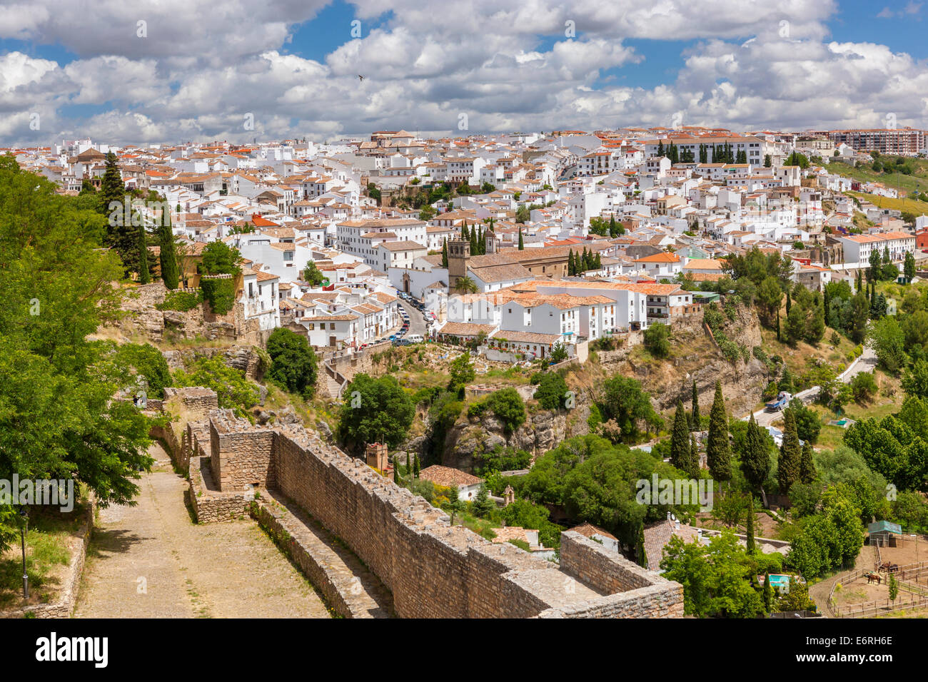 Old city walls overlooking the fields, Ronda, Malaga province, Andalusia, Spain, Europe. Stock Photo