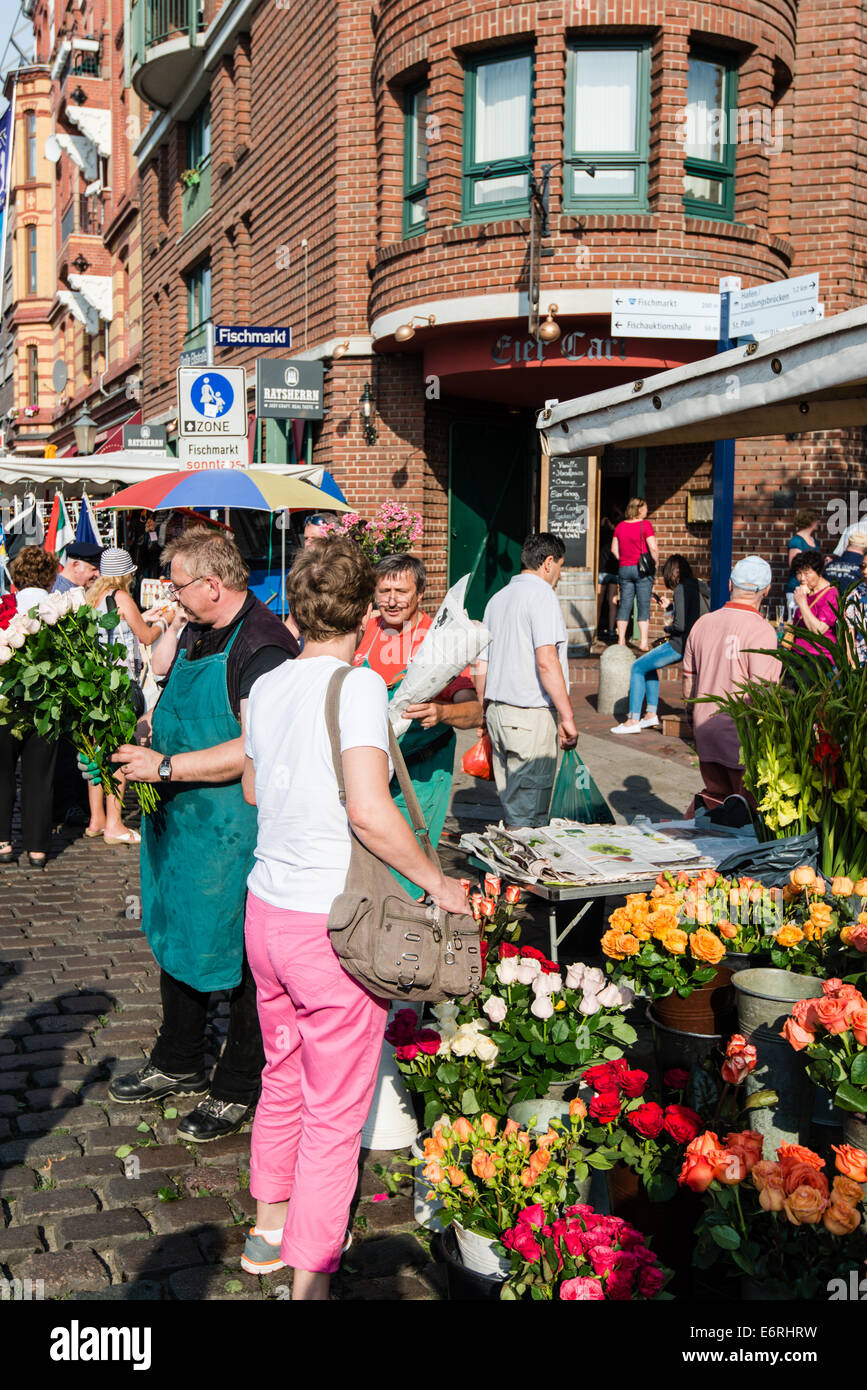 Hamburg, Germany July 20, 2014 A florist is selling flowers on the