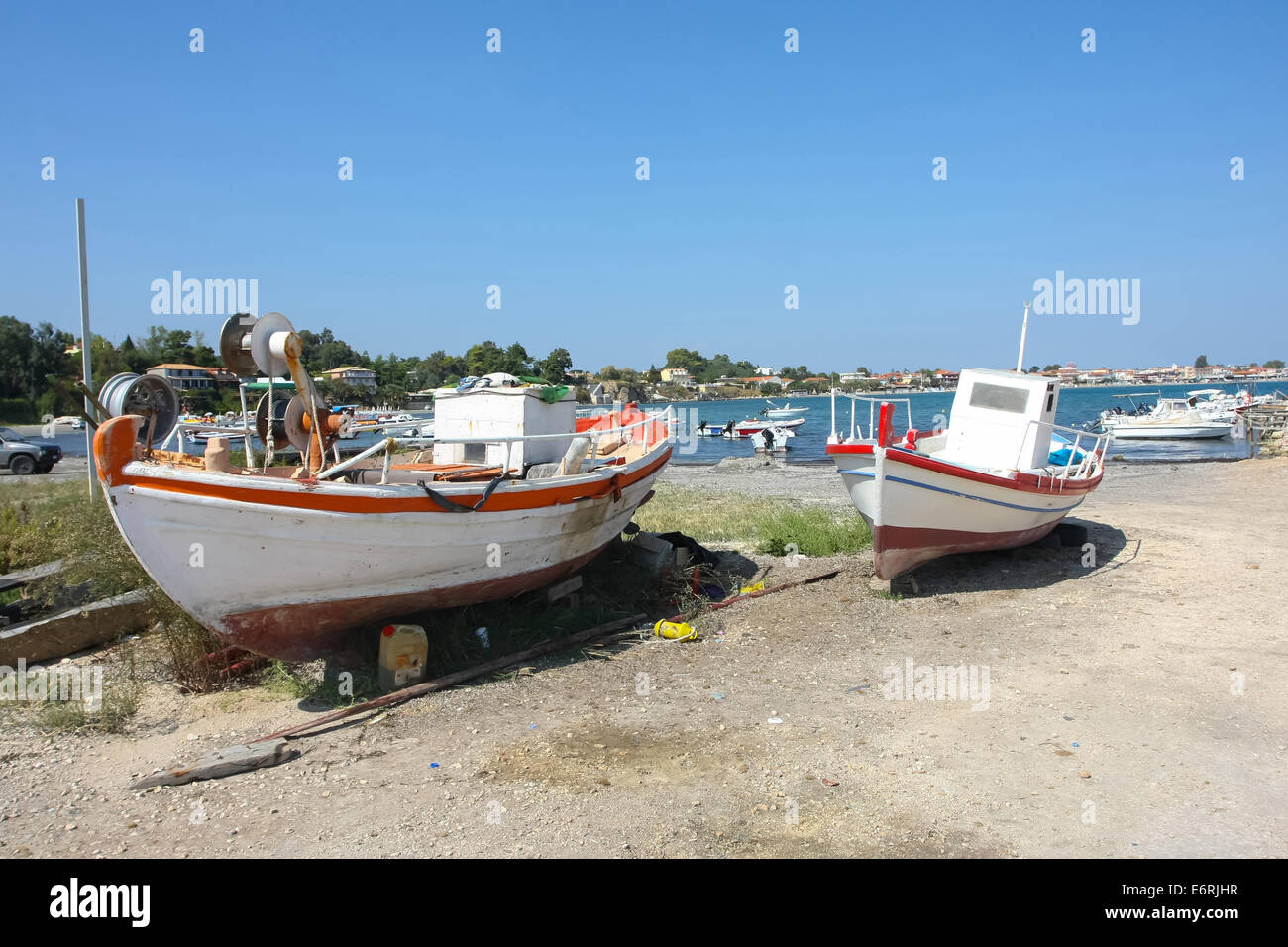 Two boats on a dry dock on a coast of Laganas resort in Zakynthos ...