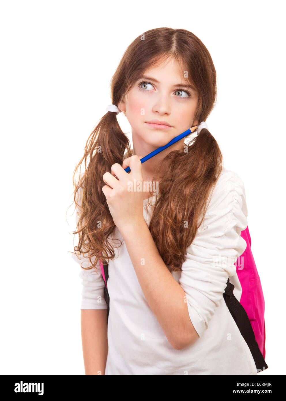 Portrait of ponder girl with pencil near face isolated on white background, recall answer on hard question on the exam Stock Photo