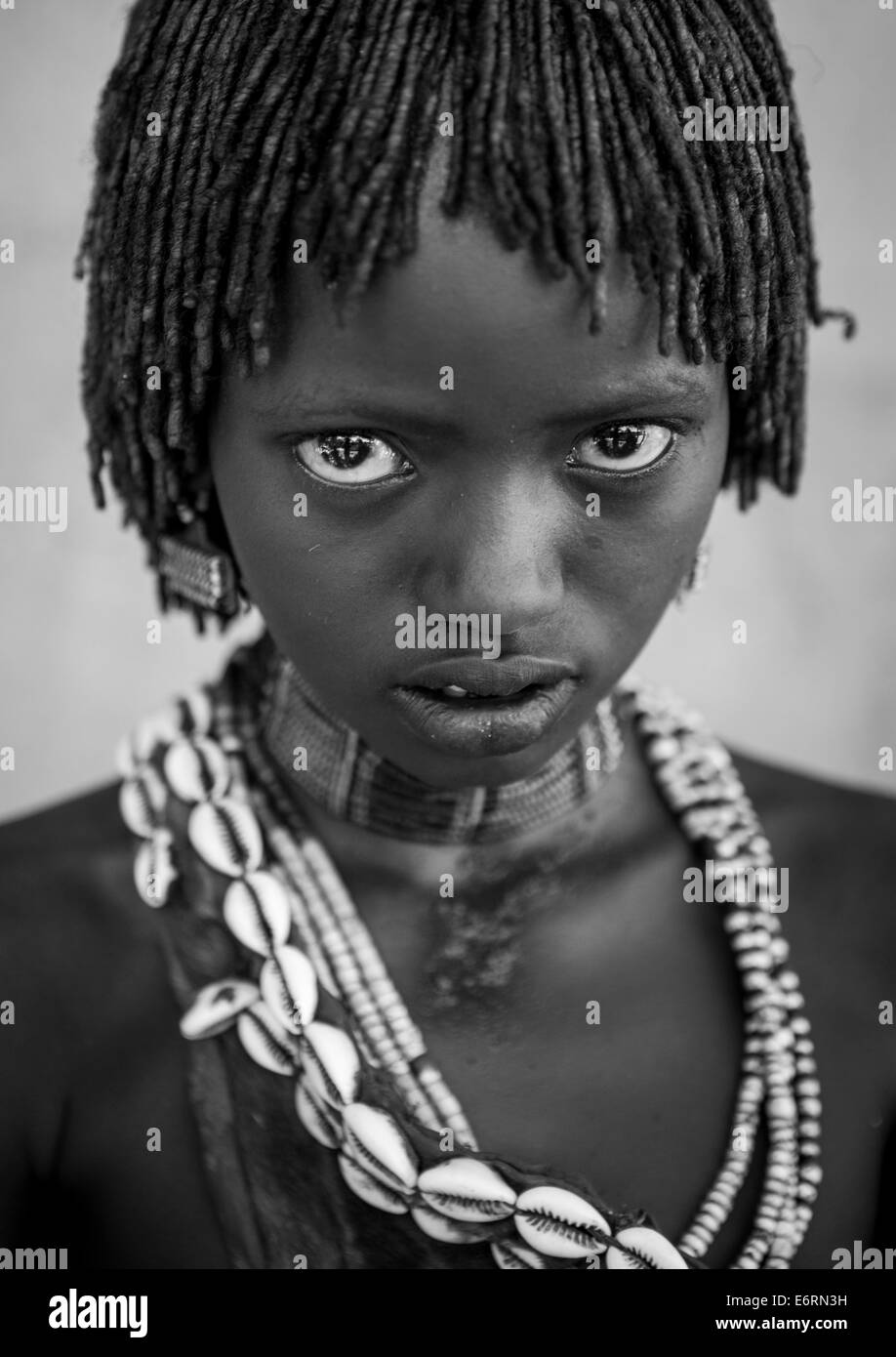 Litte Hamer Girl Tribe In Traditional Outfit, Turmi, Omo Valley, Ethiopia Stock Photo