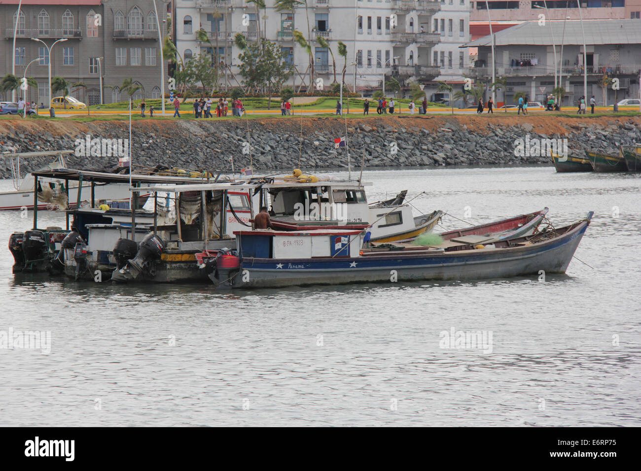 Fishing boats stationed in front of Panama City. Stock Photo