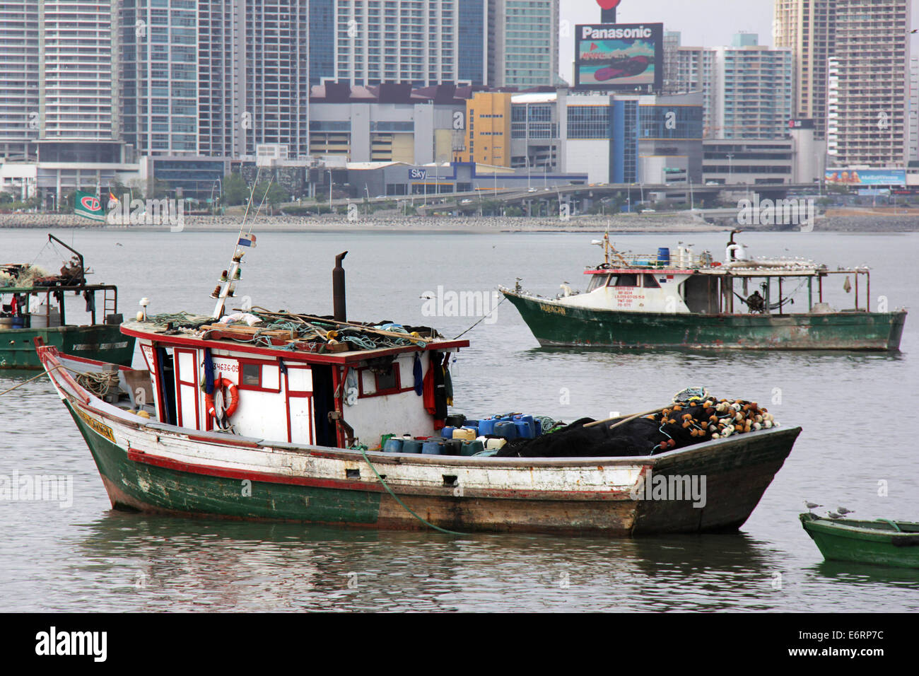 Fishing boats stationed in front of Panama City. Stock Photo