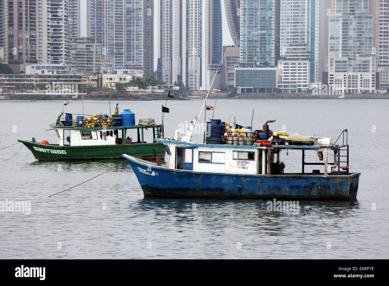 Fishing boats stationed in front of Panama City. Stock Photo