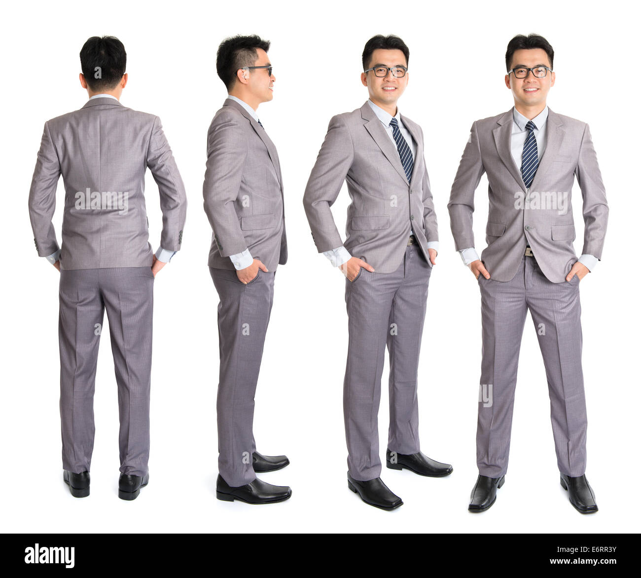 Full body Asian businessman in different angle, front, side and rear view. Standing isolated on white background. Asian male mod Stock Photo