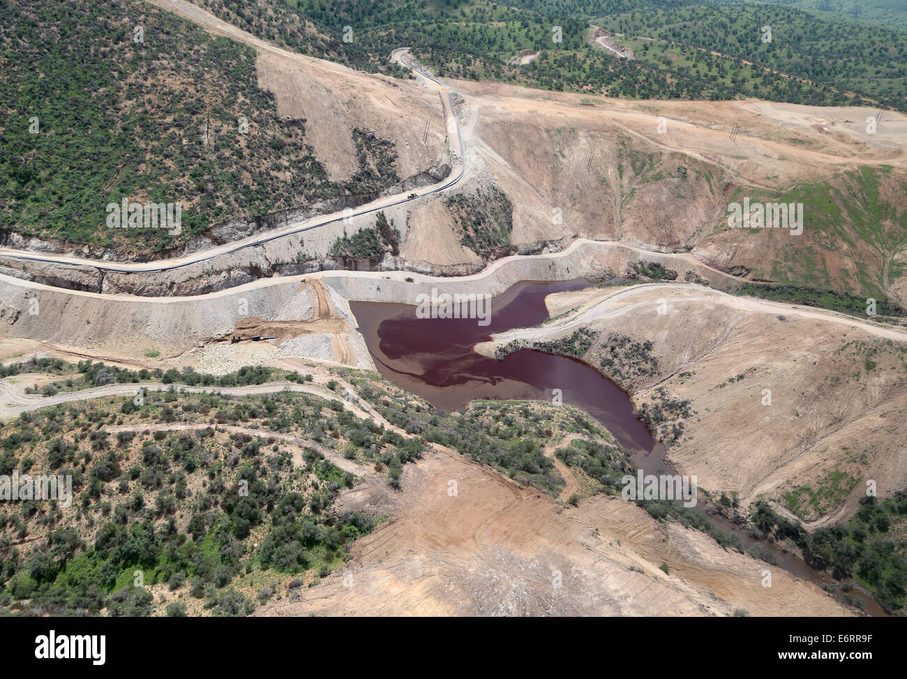 (140830) -- SONORA, Aug. 30, 2014 (Xinhua) -- Image taken on Aug. 22, 2014, shows the aerial view of the Sonora River after a toxic spill, in Sonora, Mexico. According to the Federal Government, on Aug. 6, 2014, the largest environmental disaster in the mining industry in Mexico was recorded, when 40,000 cubic meters of copper sulfate were spilled into a damm of the miner property of Grupo Mexico, contaminating parts of the Tinajas creek, the Bacanuchi River and the Sonora River. According to a dictum of the Federal Government, the spill occured due to the failure of a mooring of a polyethylen Stock Photo