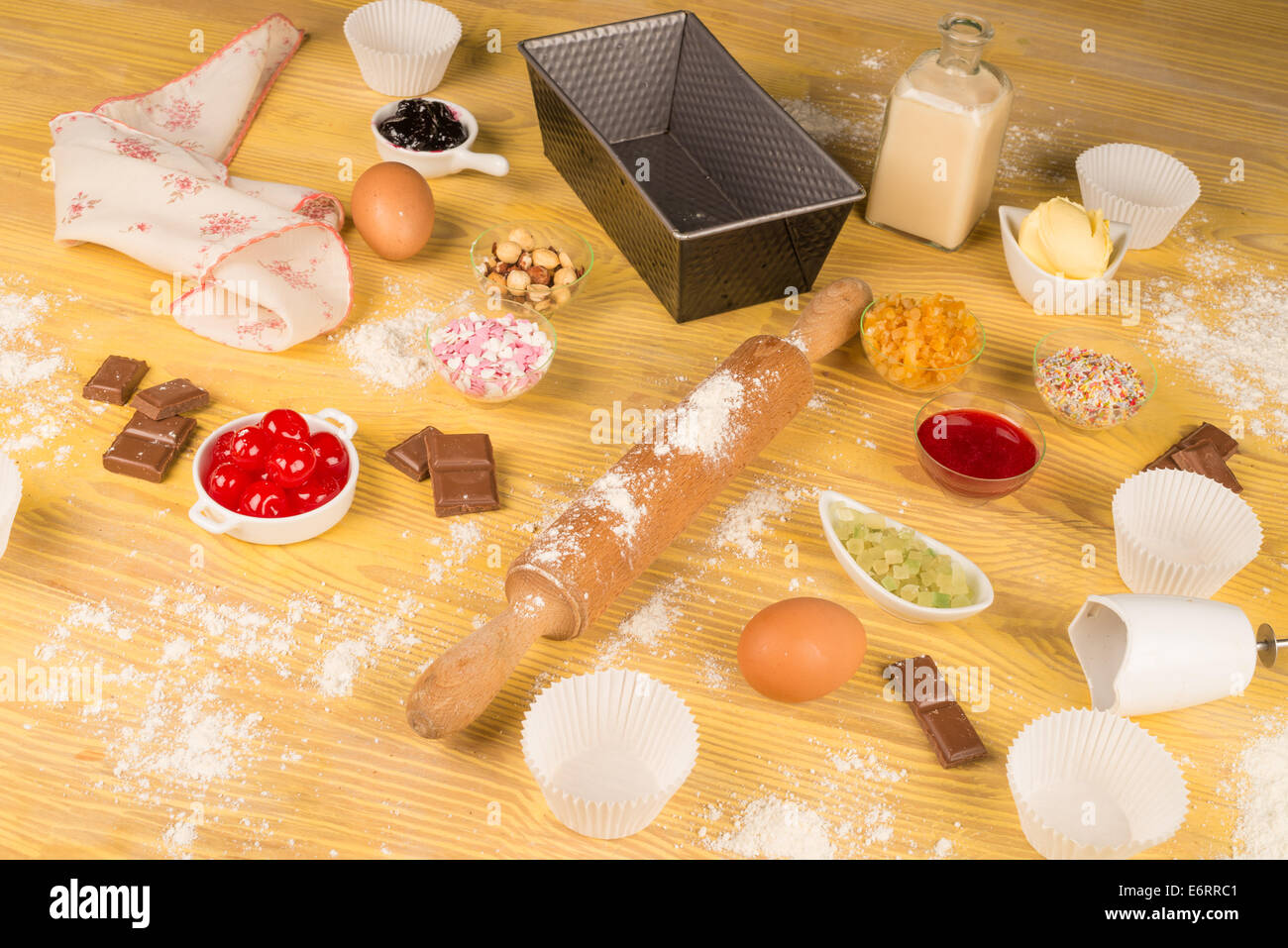A table full of ingredients and objects for homemade baking Stock Photo ...