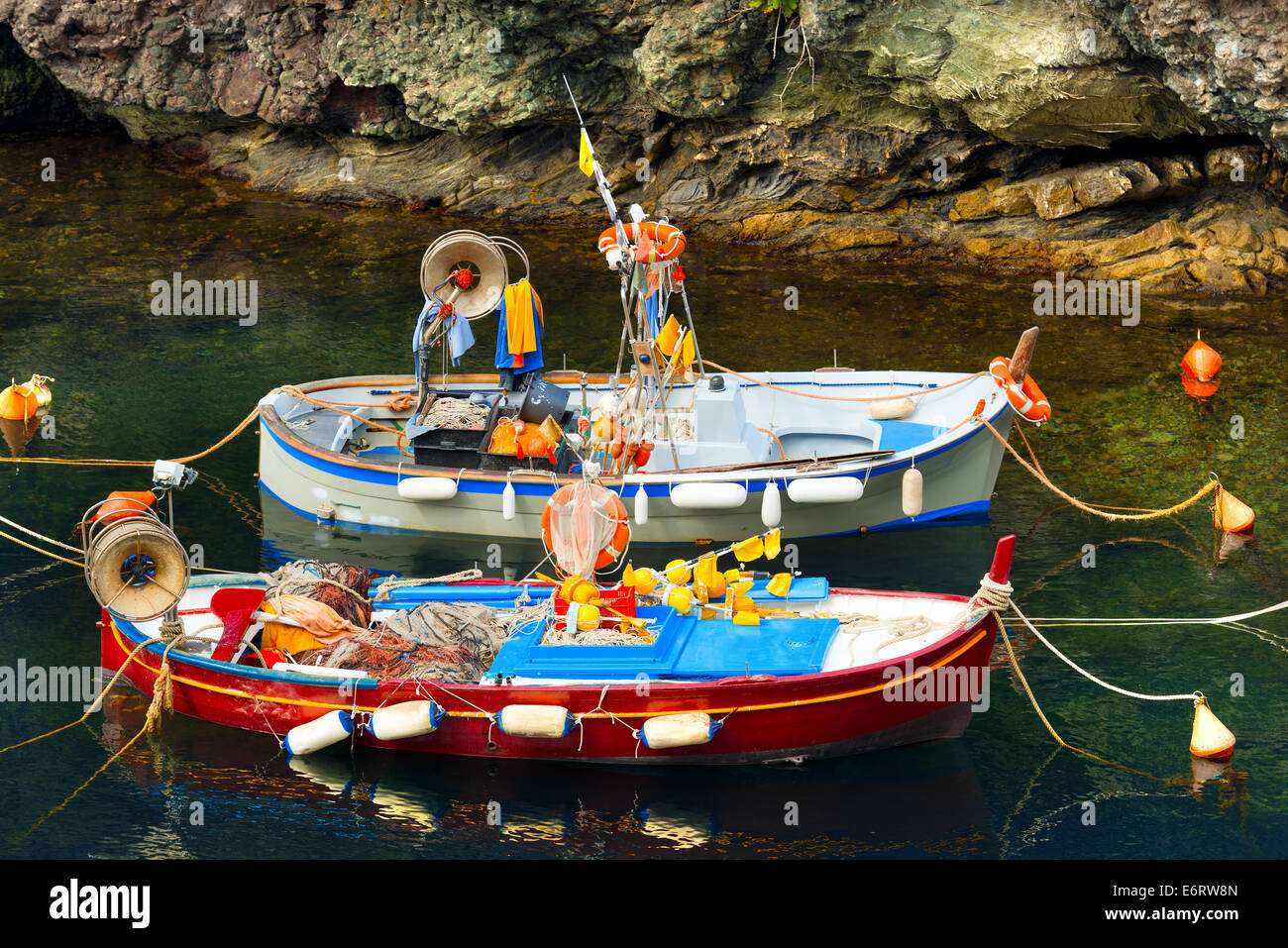 Fishing Boats in the Harbor - Liguria Italy Stock Photo