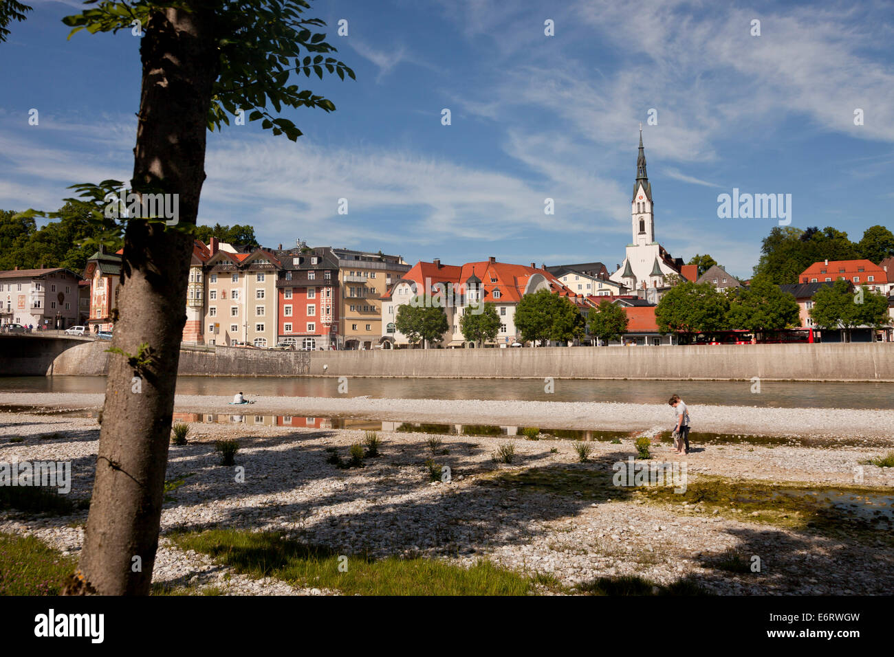 cityscape Bad Tölz with Parish Church of the Assumption of Mary / Mariä Himmelfahrt and the river Isar, Bavaria, Germany, Europe Stock Photo