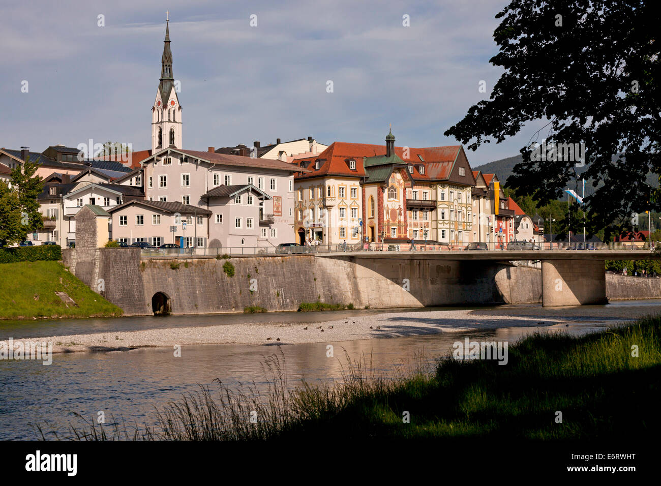 cityscape Bad Tölz with Parish Church of the Assumption of Mary / Mariä Himmelfahrt and the river Isar, Bavaria, Germany, Europe Stock Photo