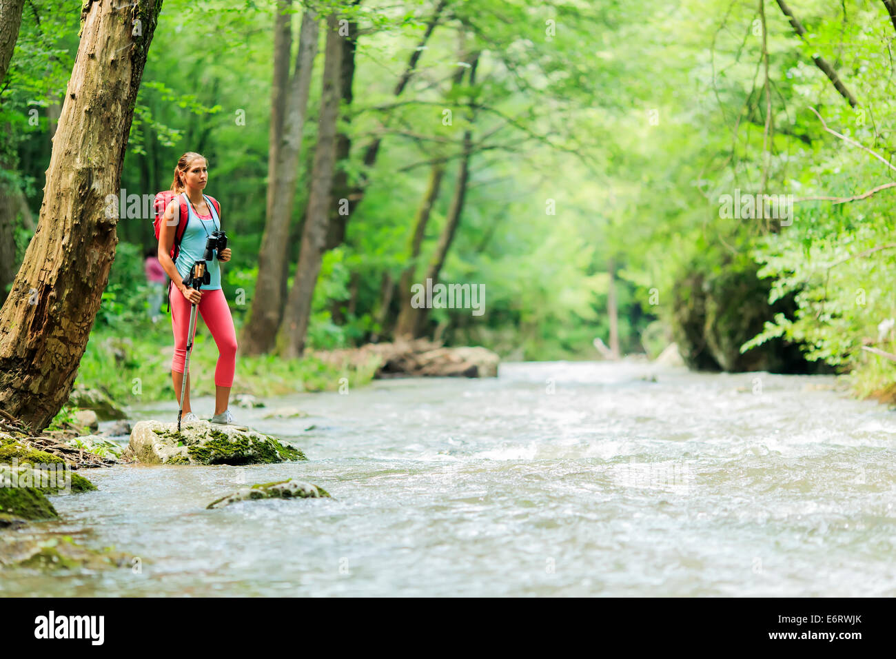 Young woman hiking in the forest Stock Photo - Alamy
